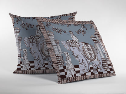 Blue Brown Ornate Elephant Suede Pillow