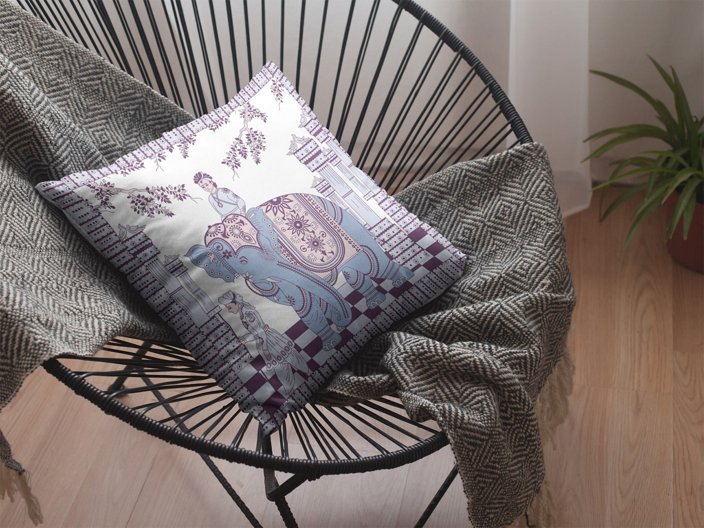 Blue Purple Ornate Elephant Suede Pillow