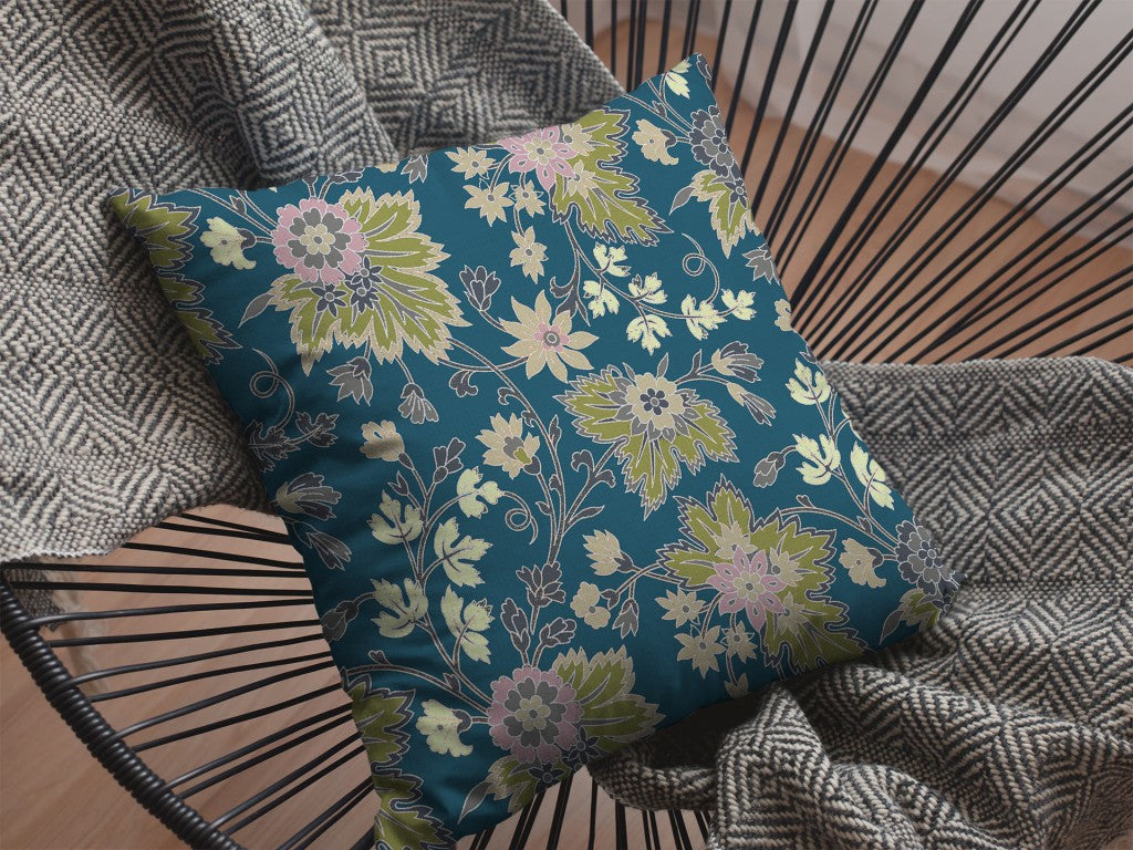 Teal Green Jacobean Suede Pillow