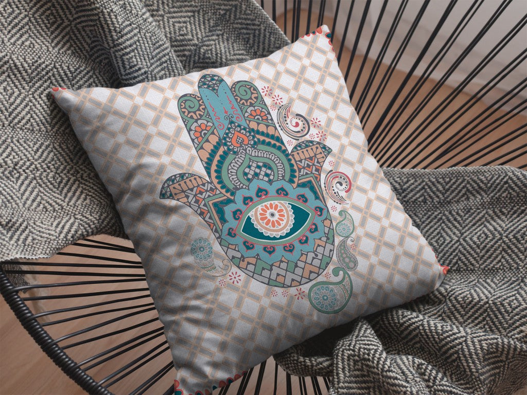 Blue Gray Hamsa Boho Suede Pillow