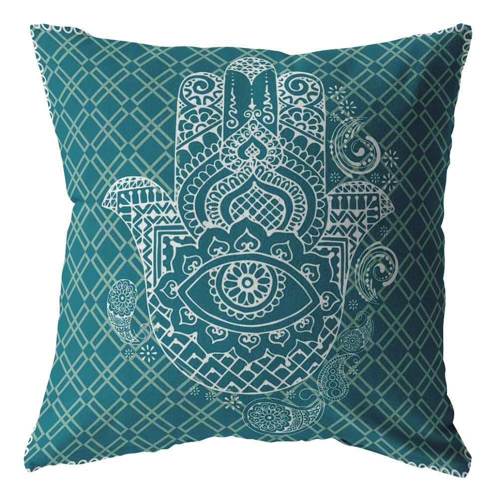 Teal White Hamsa Boho Suede Pillow