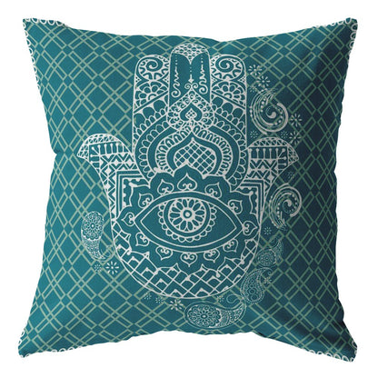Teal White Hamsa Boho Suede Pillow