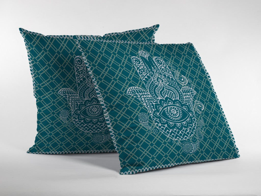 Teal White Hamsa Boho Suede Pillow
