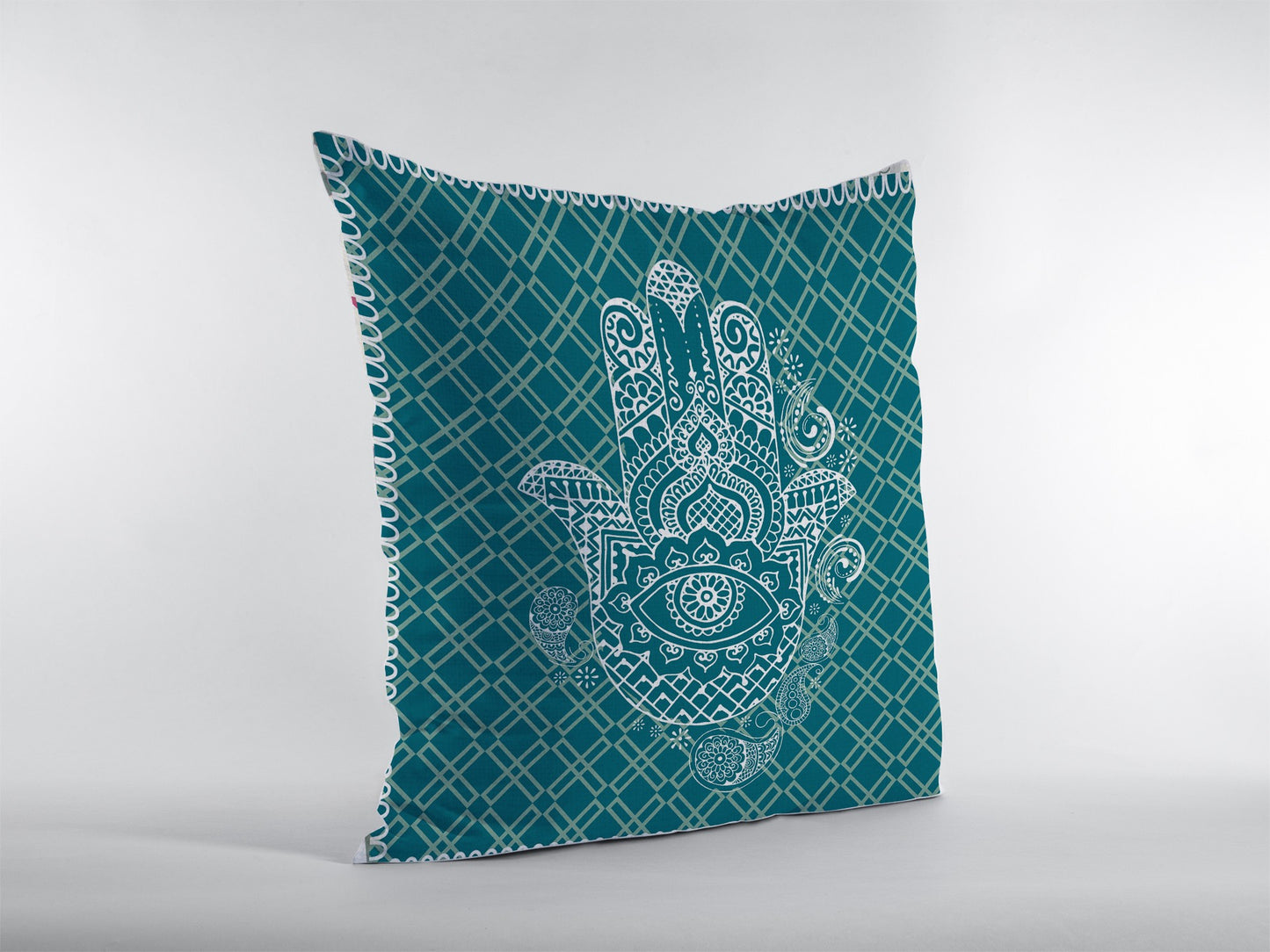 Teal White Hamsa Boho Suede Pillow