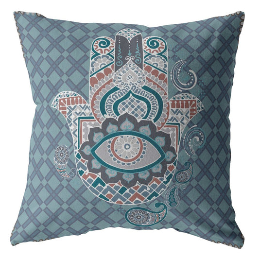Slate Blue Hamsa Boho Suede Pillow