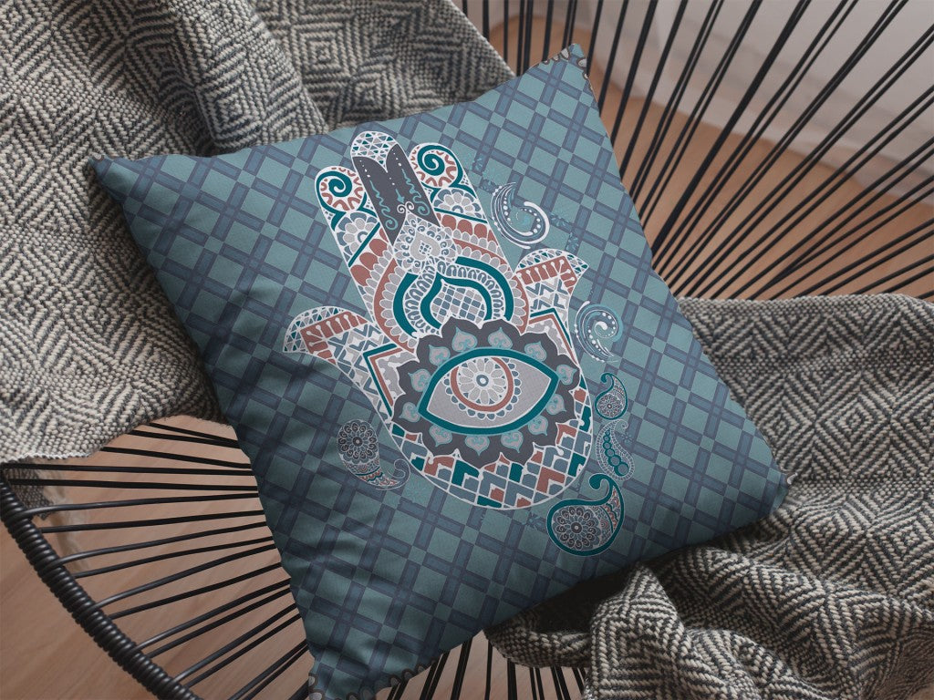 Slate Blue Hamsa Boho Suede Pillow