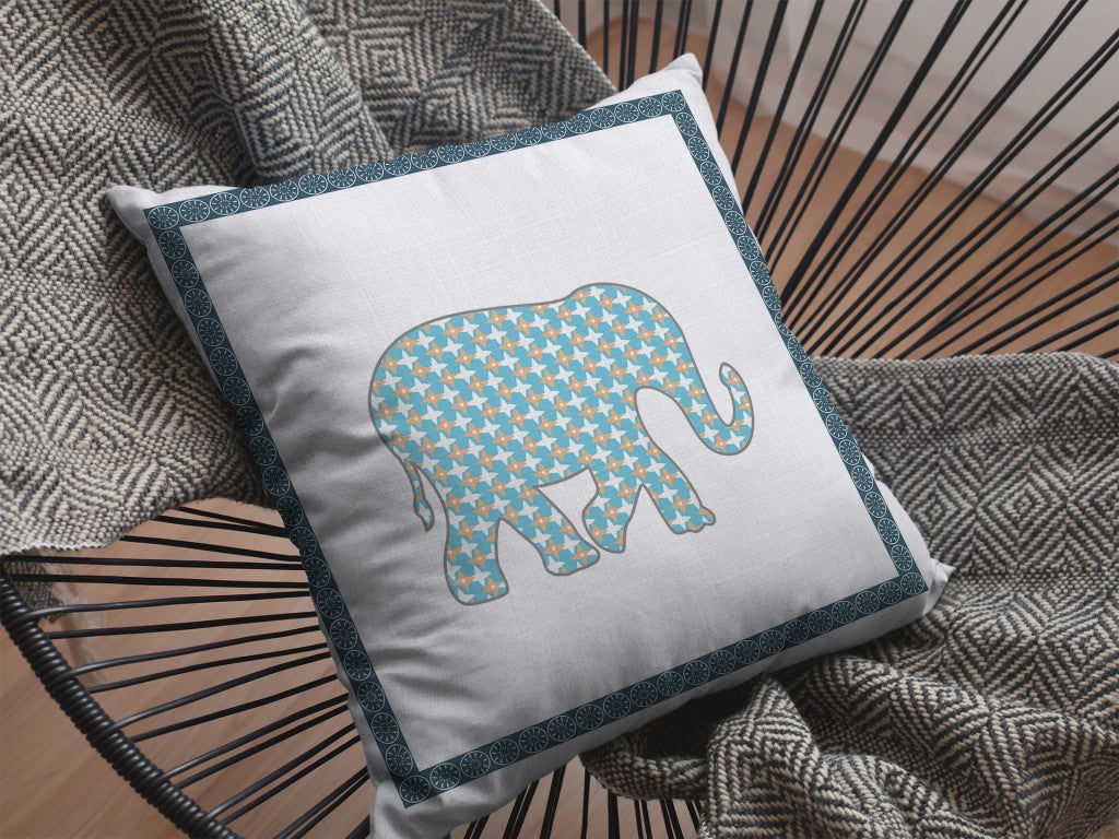 Blue White Elephant Boho Suede Pillow