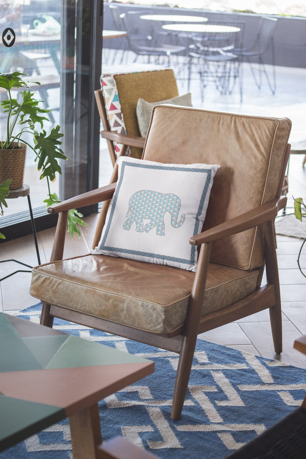 Blue White Elephant Boho Suede Pillow