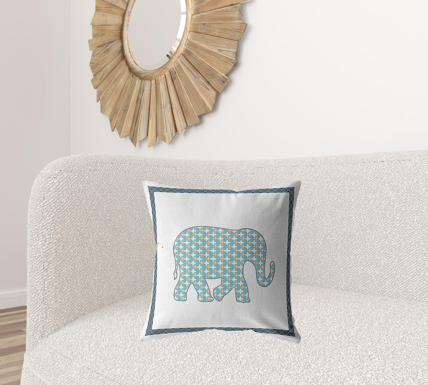 Blue White Elephant Boho Suede Pillow