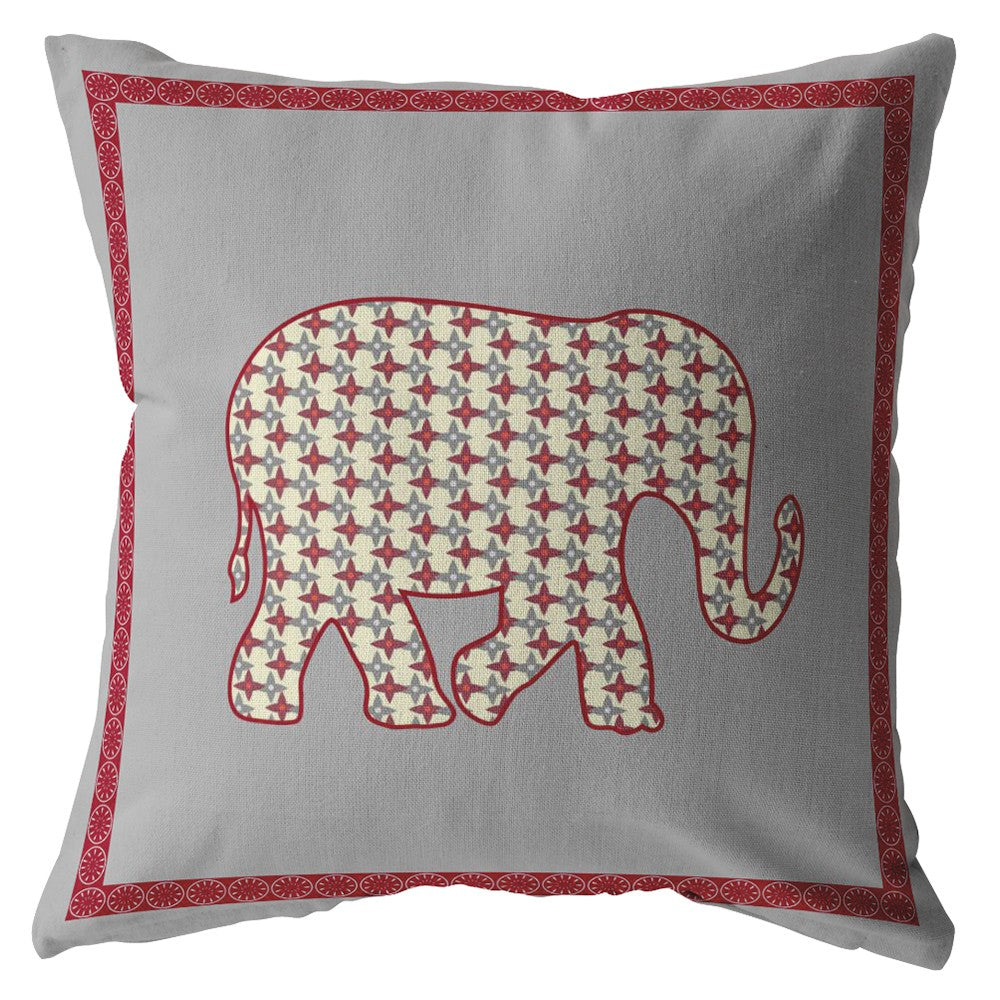 Red Gray Elephant Boho Suede Pillow