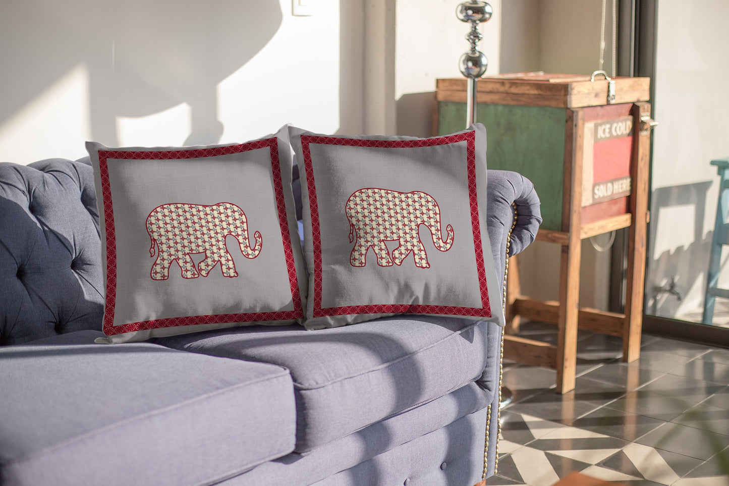 Red Gray Elephant Boho Suede Pillow