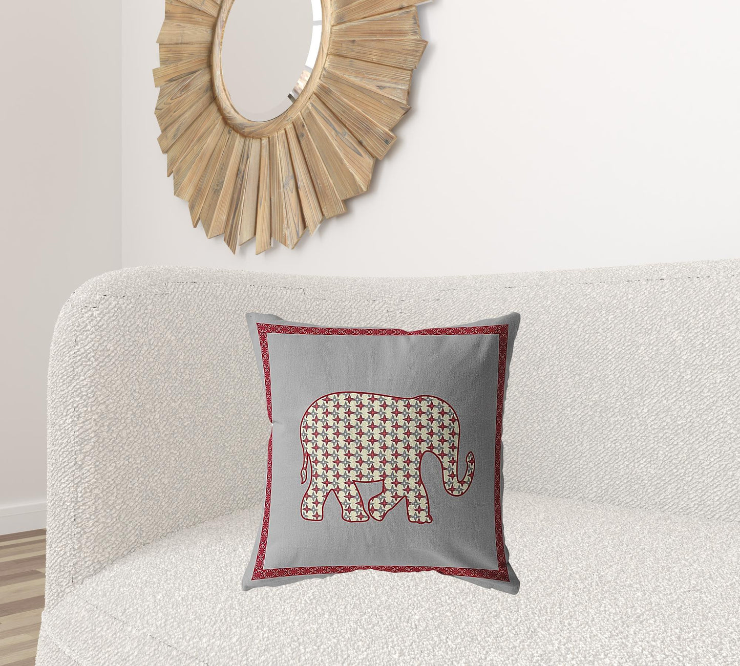 Red Gray Elephant Boho Suede Pillow