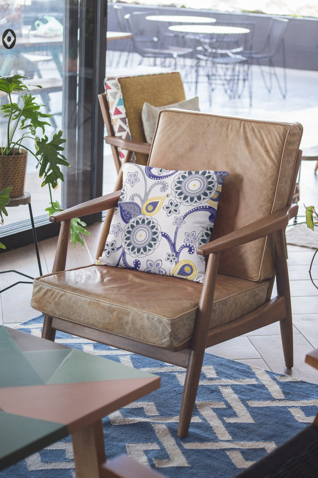 Navy White Floral Suede Pillow
