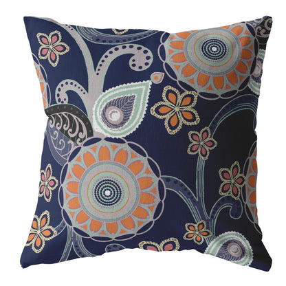 Indigo Orange Floral Suede Pillow