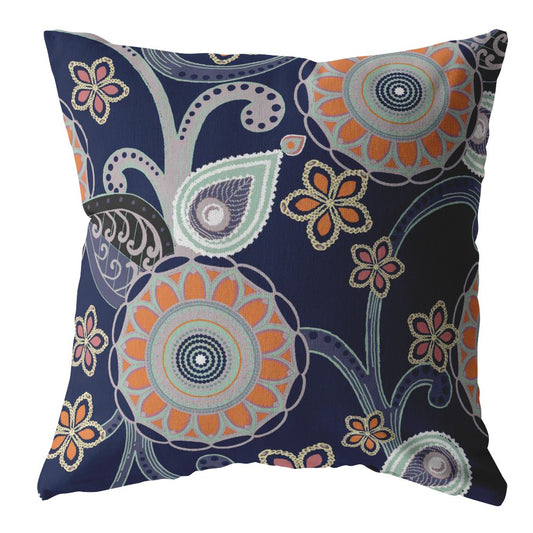 Indigo Orange Floral Suede Pillow
