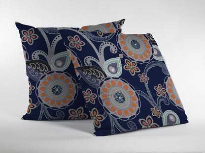 Indigo Orange Floral Suede Pillow