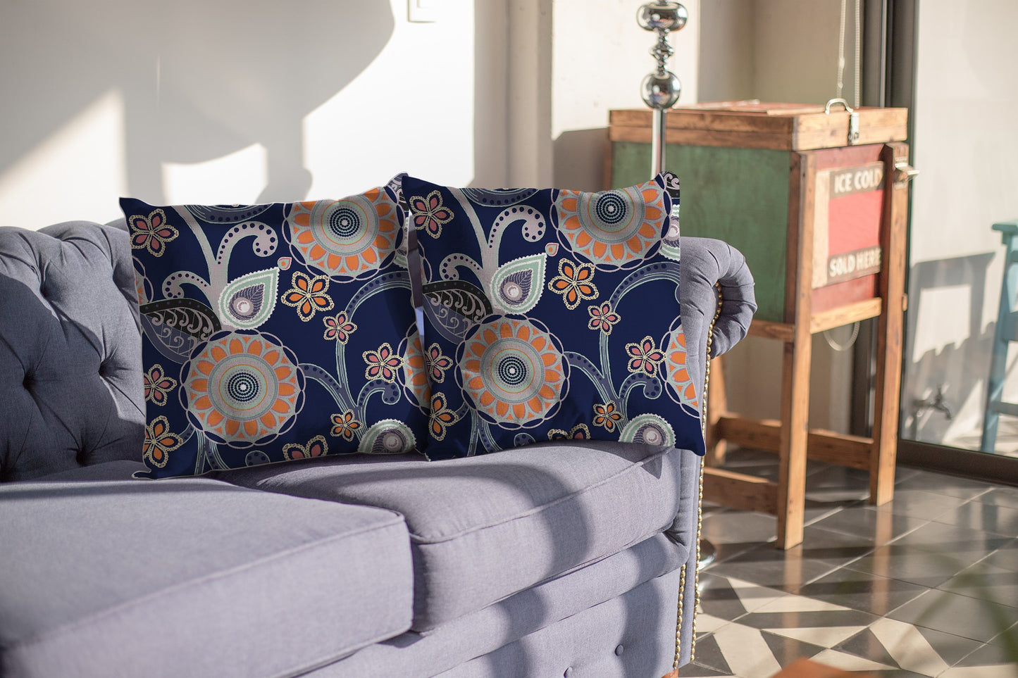 Indigo Orange Floral Suede Pillow