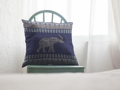 Navy Ornate Elephant Suede Pillow