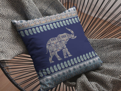 Navy Ornate Elephant Suede Pillow