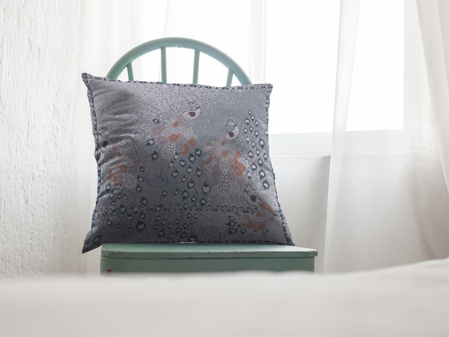 Gray Orange Boho Bird Suede Pillow