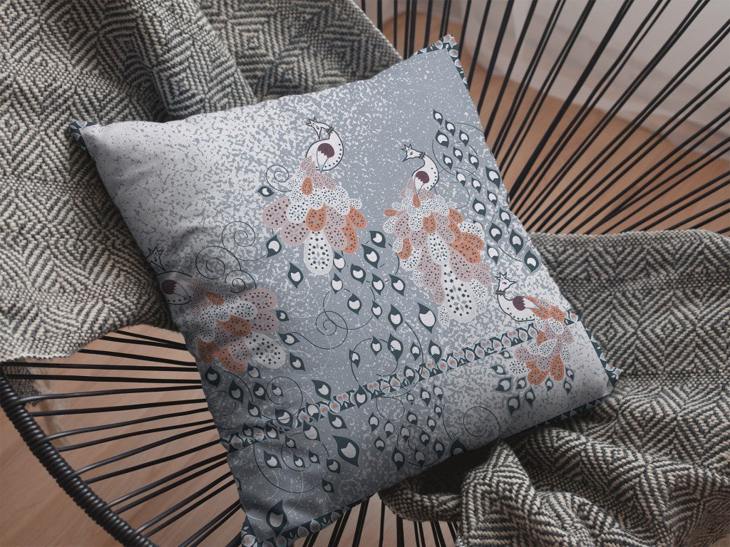 Gray Orange Boho Bird Suede Pillow
