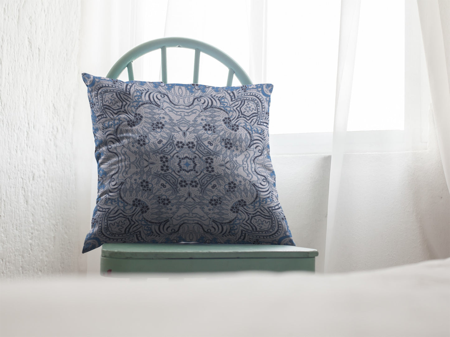 Light Blue Boho Ornate Suede Pillow