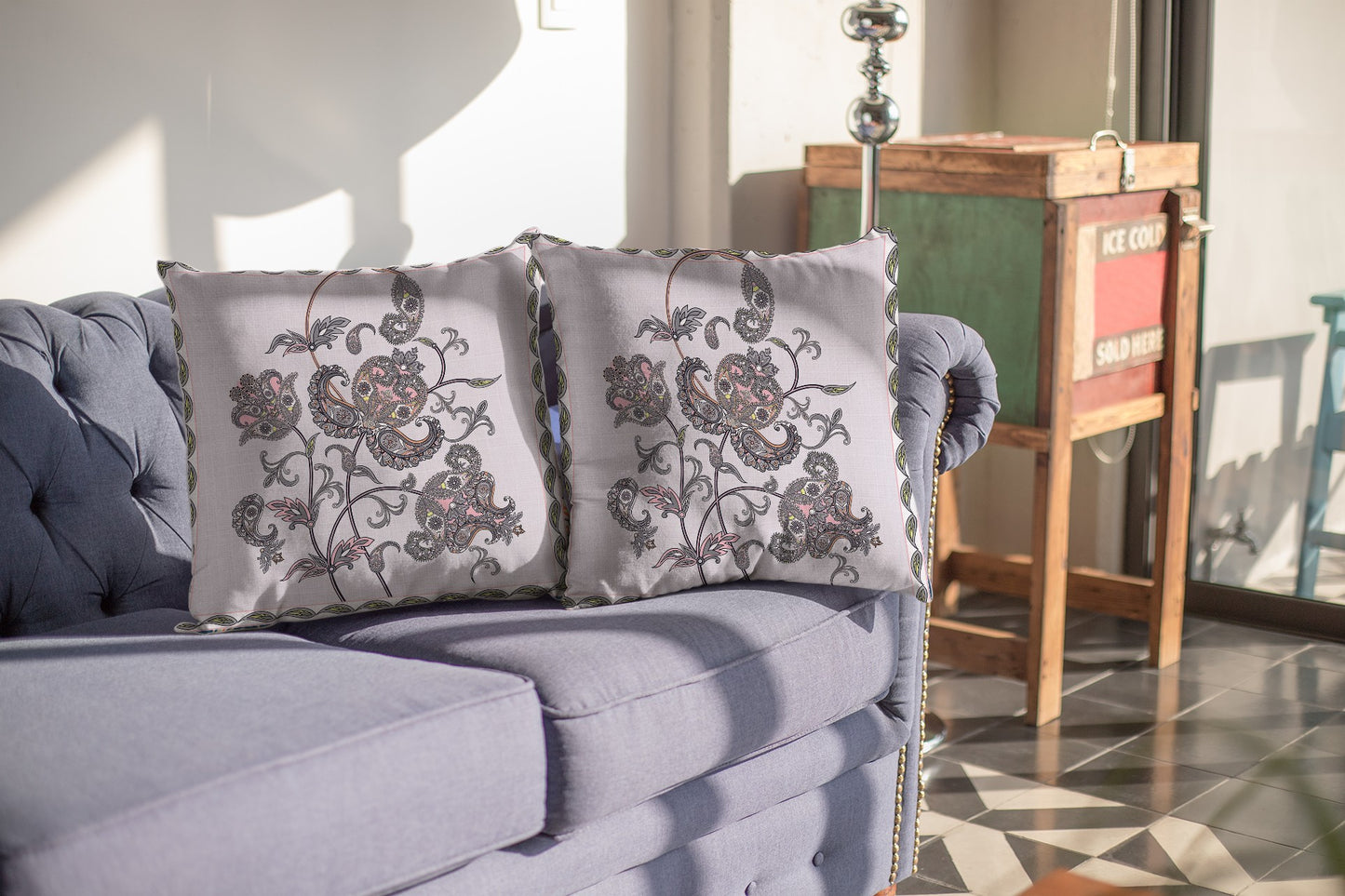 Gray White Wildflower Suede Pillow