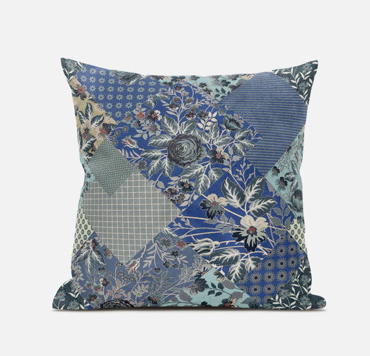 Blue Gray Floral Suede Pillow