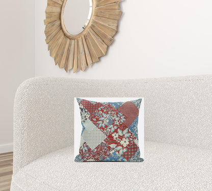 Aqua Red Floral Suede Pillow