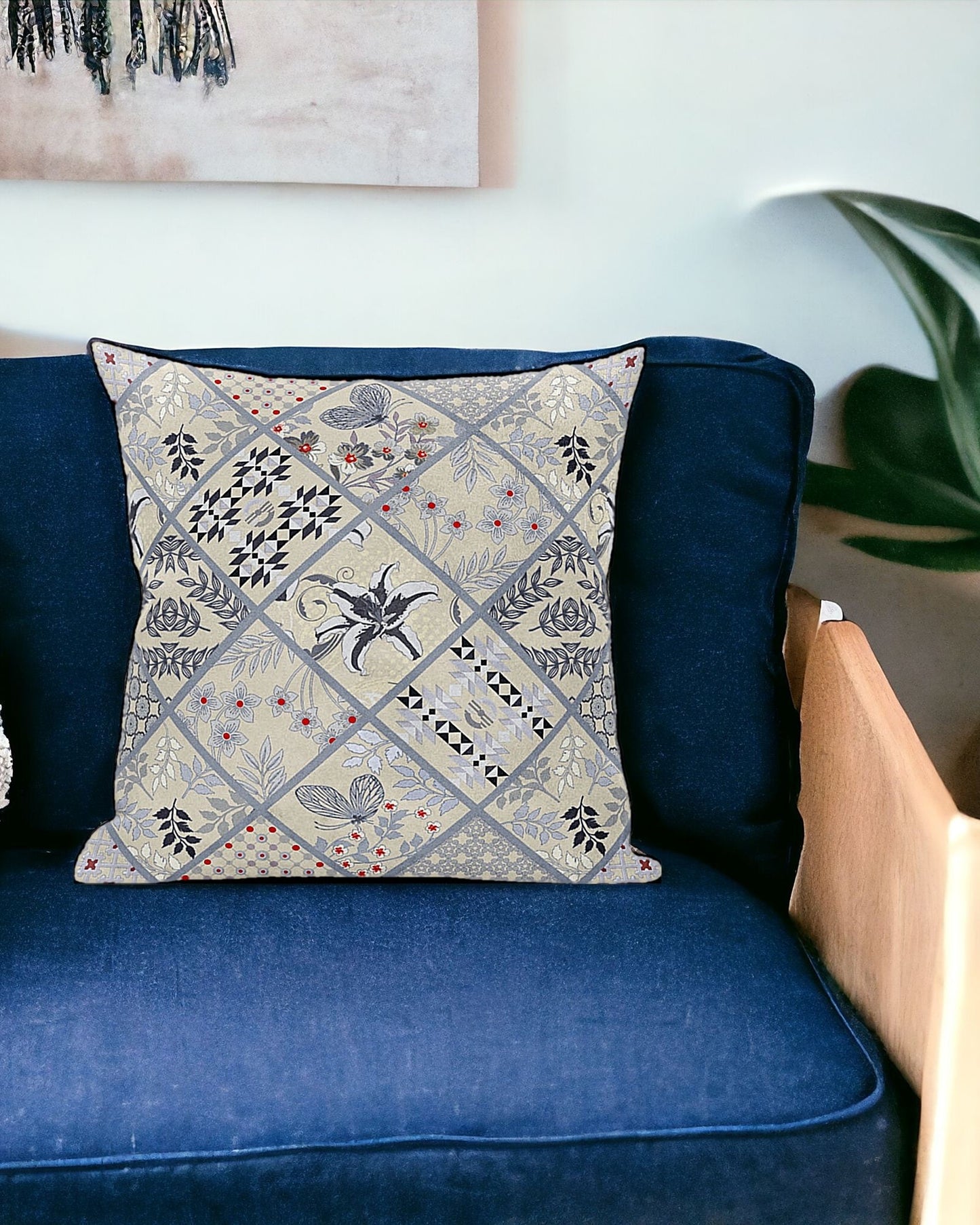 Cream Gray Patch Suede Pillow