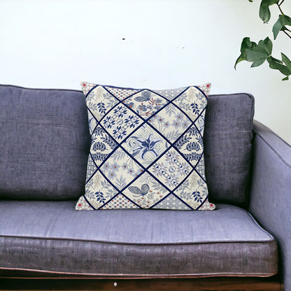 White Navy Patch Suede Pillow