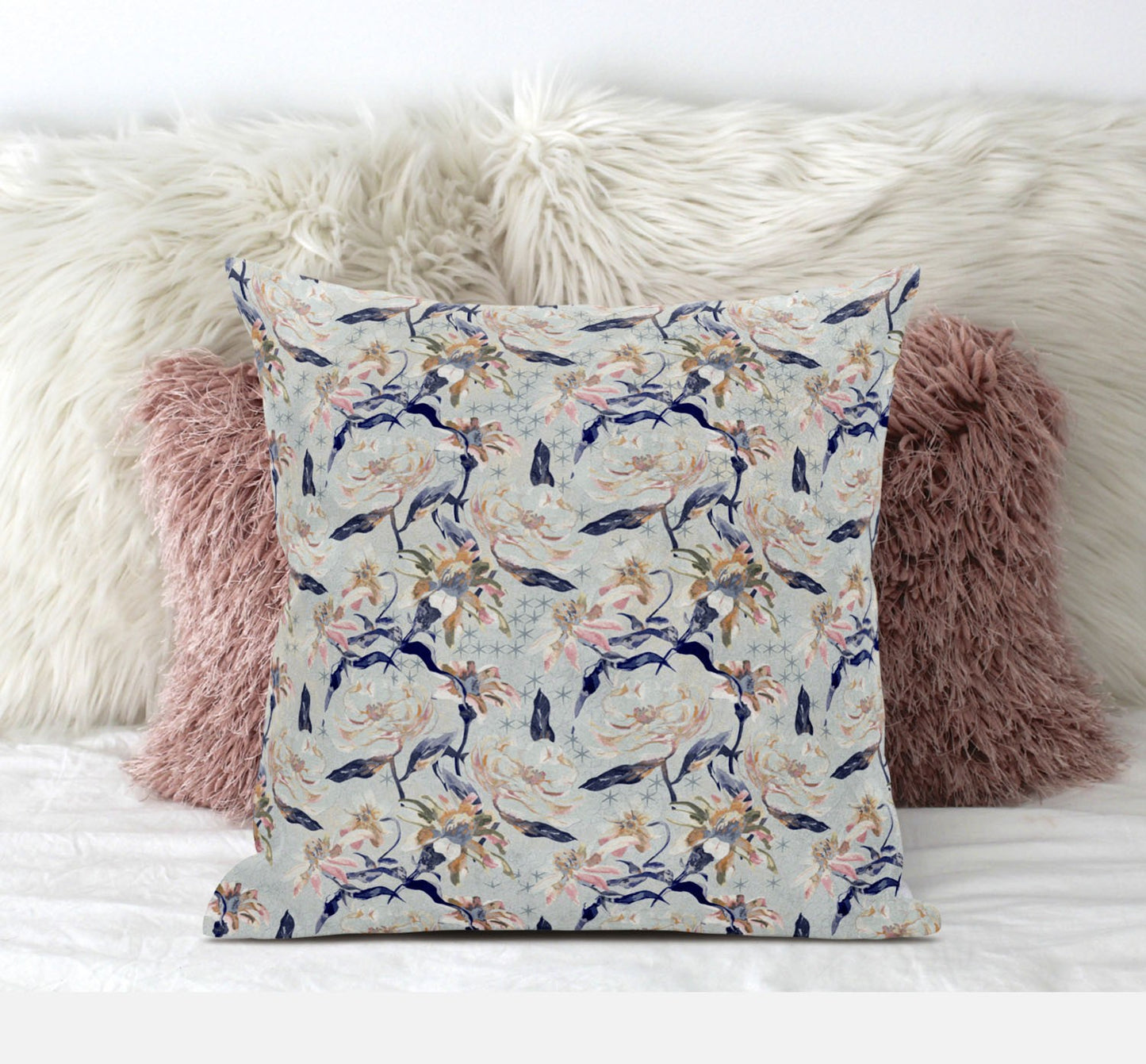 Light Blue Indigo Roses Suede Pillow