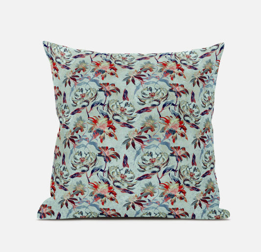 Red Aqua Roses Suede Pillow