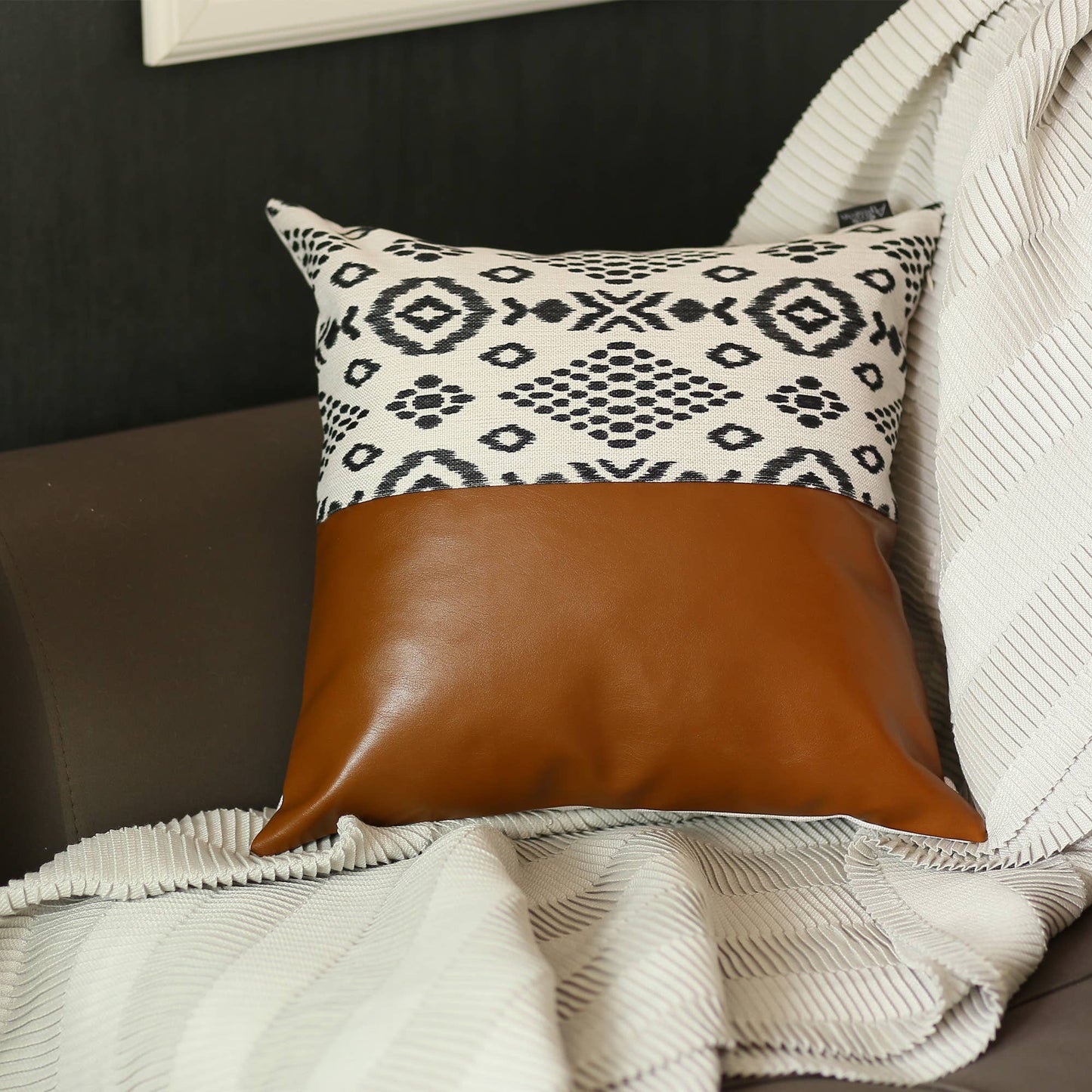 Brown Geometric Handmade Faux Leather Pillow