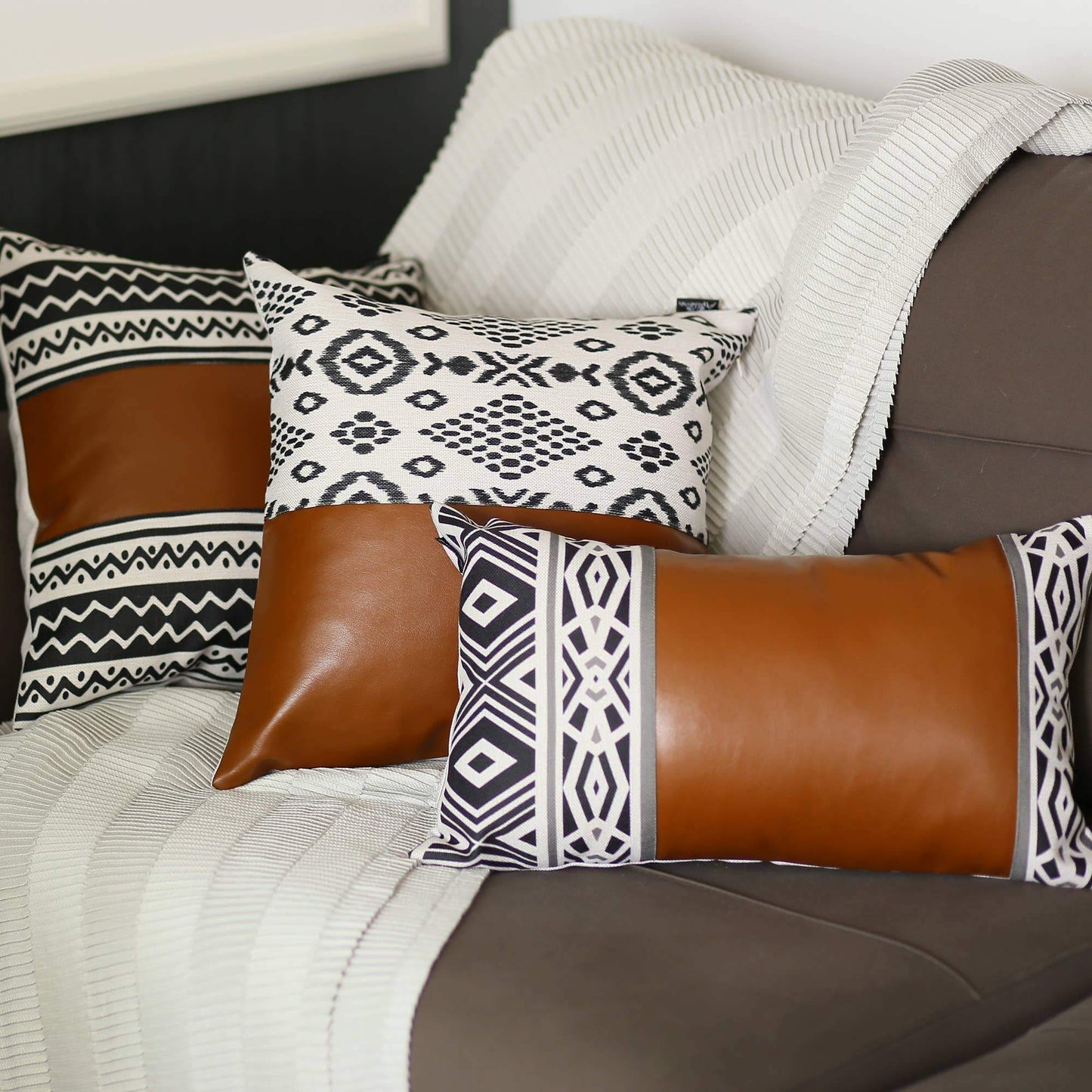 Brown Geometric Handmade Faux Leather Pillow