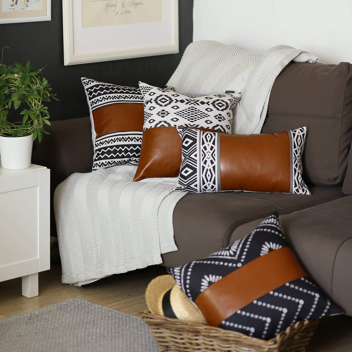 Brown Geometric Handmade Faux Leather Pillow