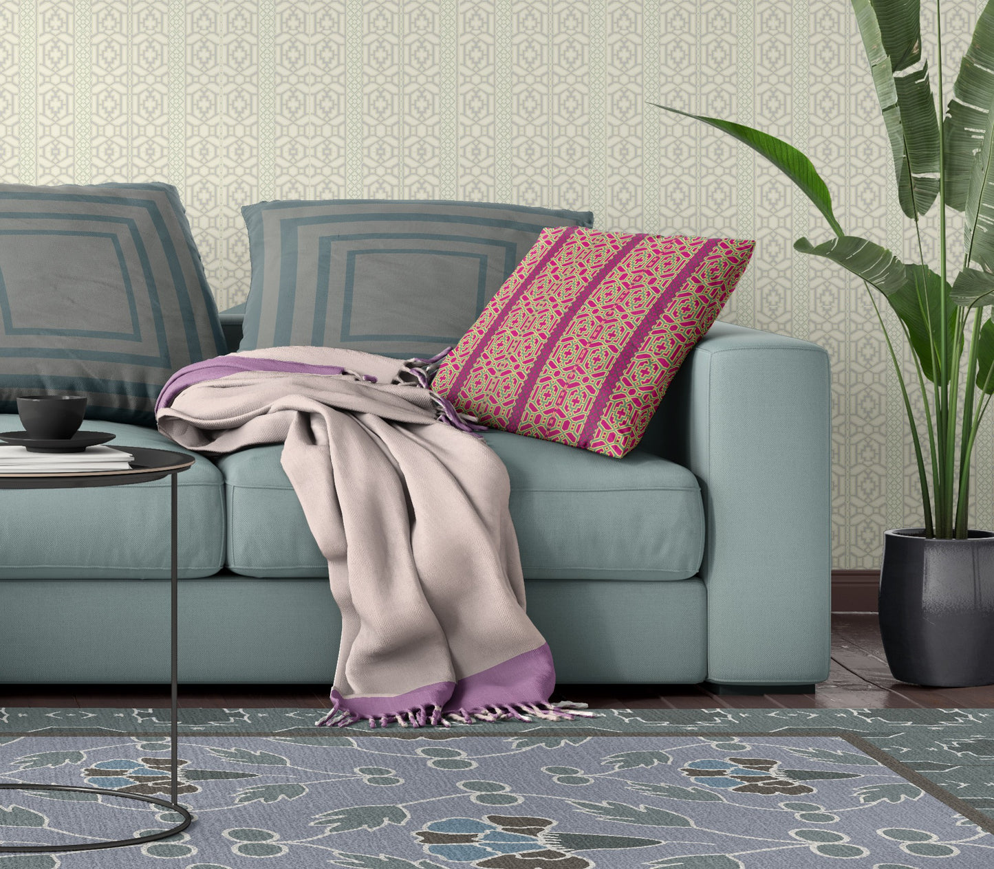 Pink & Green Geometric Suede Pillow