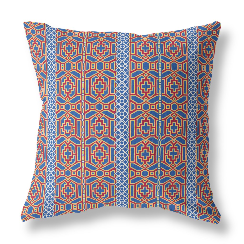 Blue & Red Geometric Suede Pillow