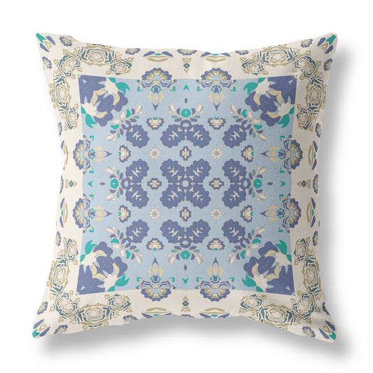 Off White & Blue Floral Suede Pillow