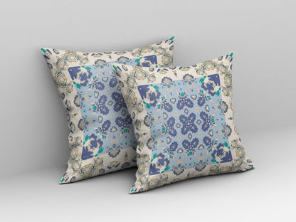 Off White & Blue Floral Suede Pillow