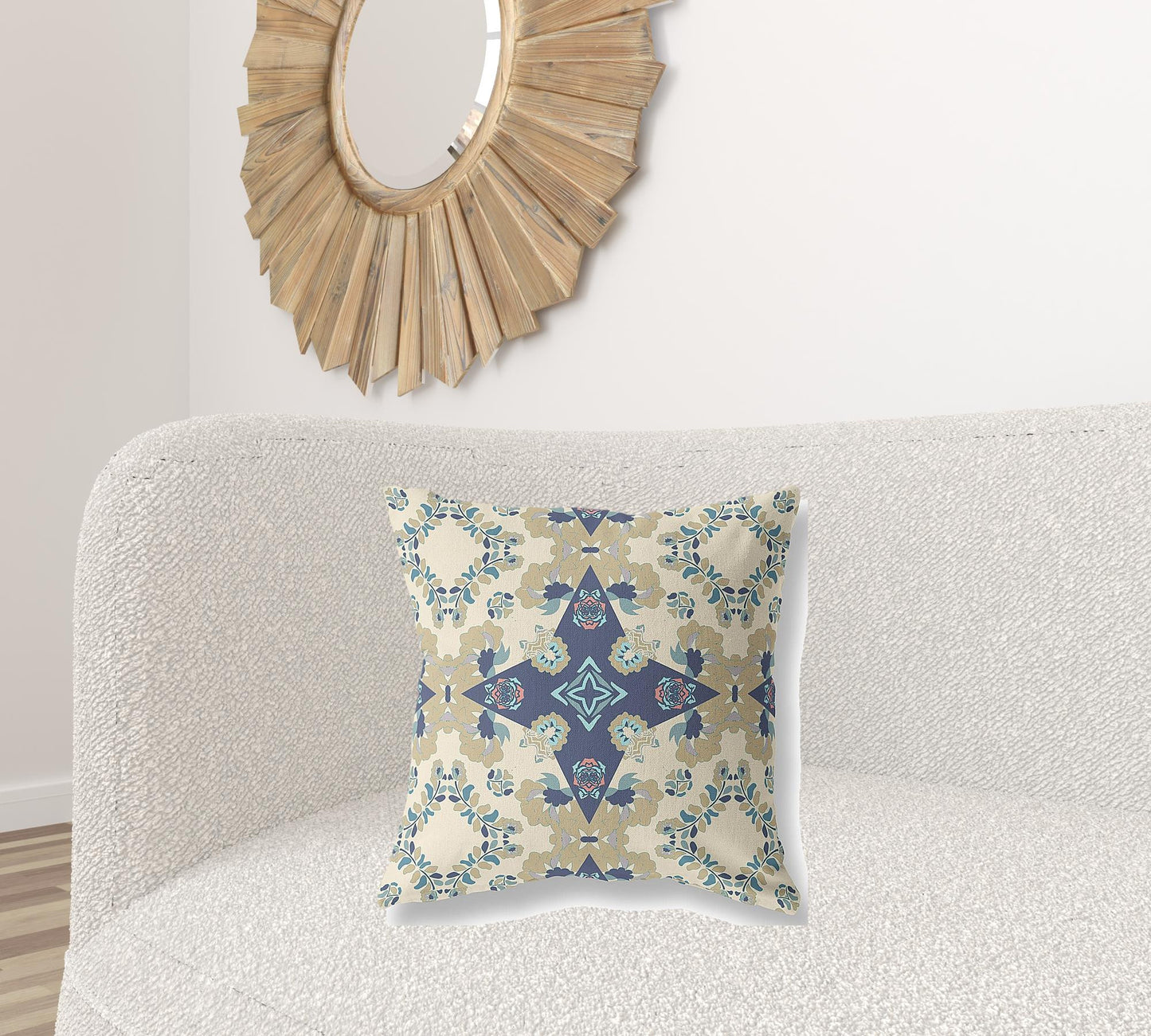 Cream & Blue Floral Suede Pillow