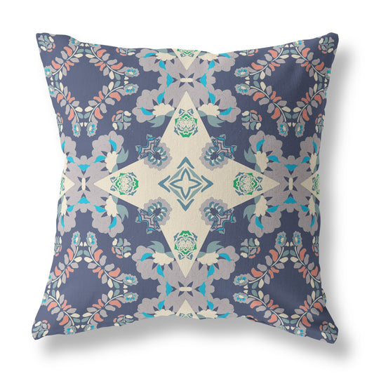 Blue & Off White Floral Suede Pillow