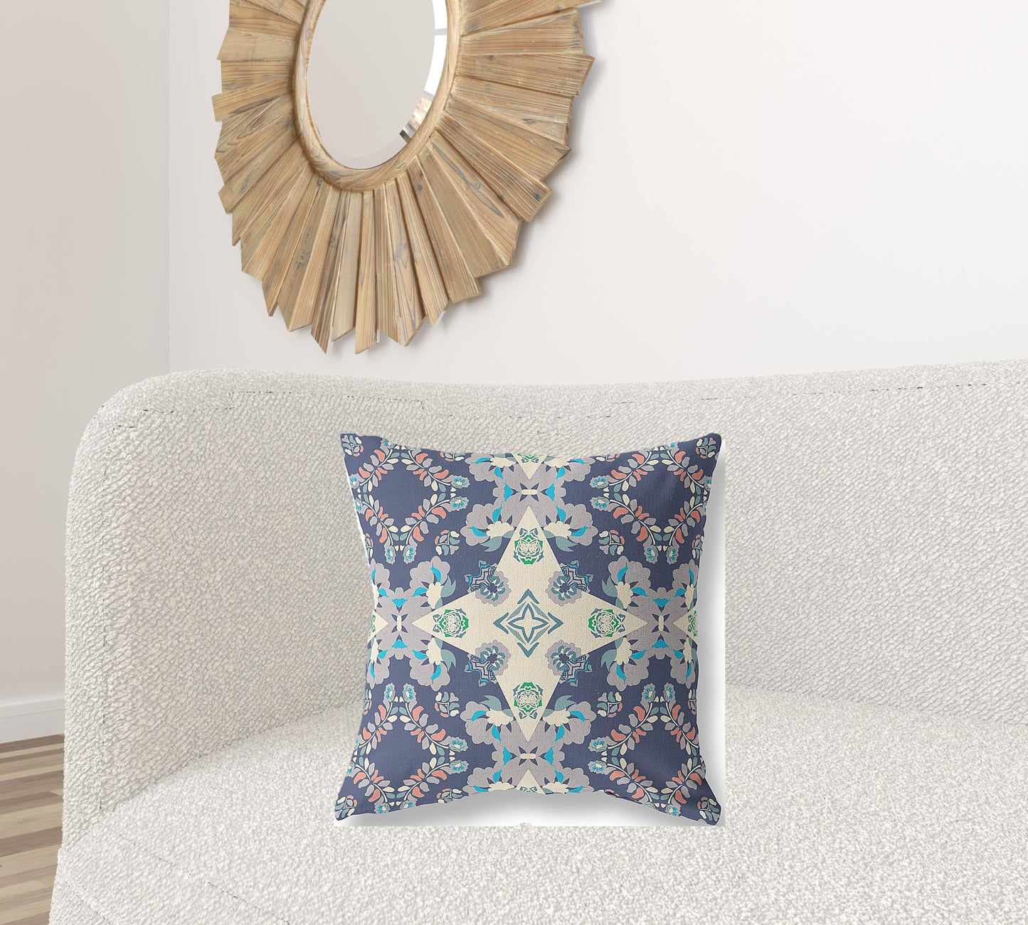 Blue & Off White Floral Suede Pillow