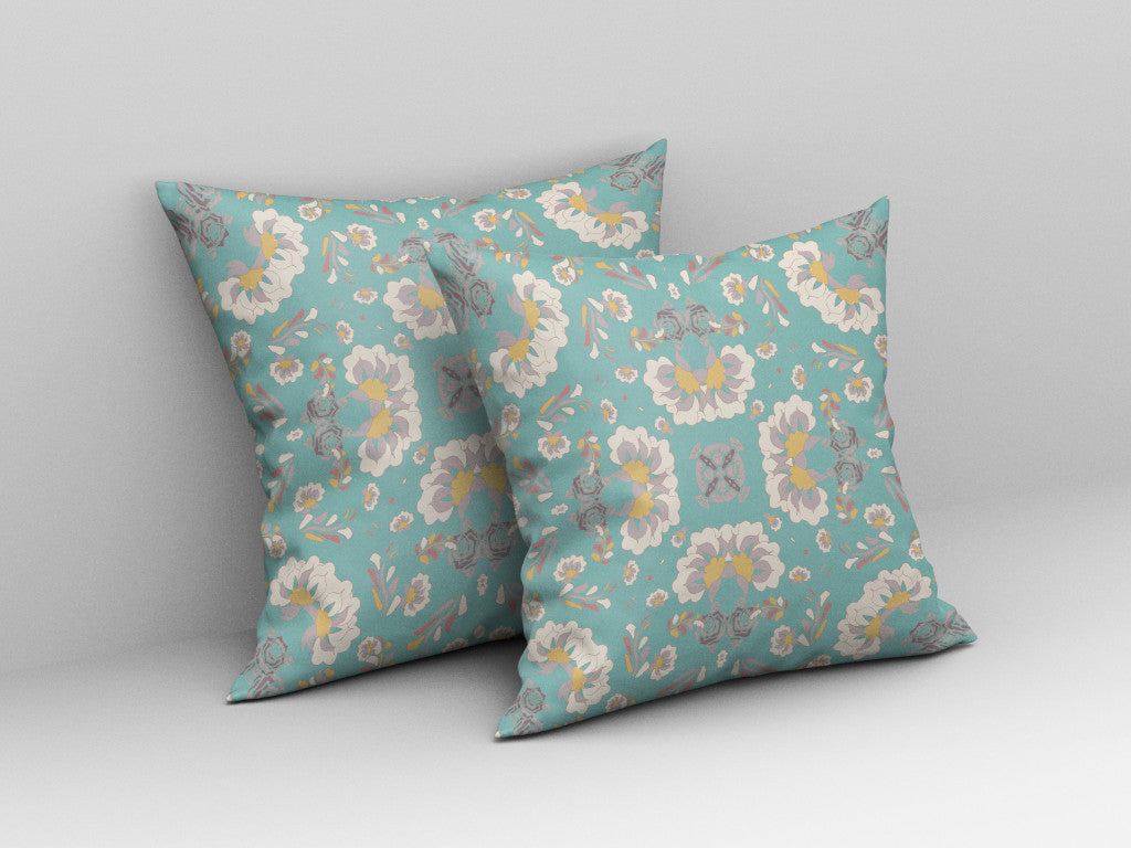 Green & White Floral Suede Pillow
