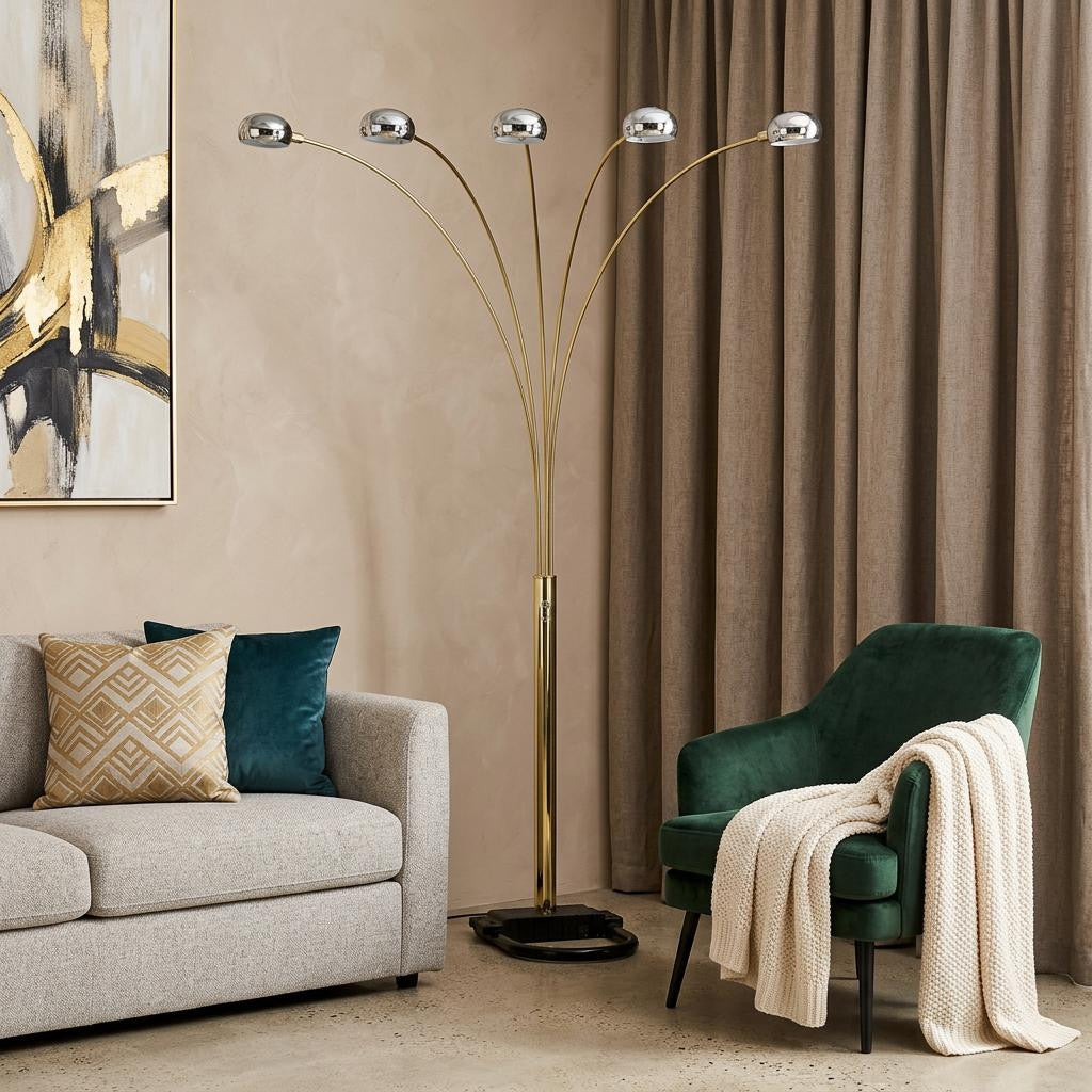 Brass 5-Light Arc Floor Lamp w/ Brass Shade