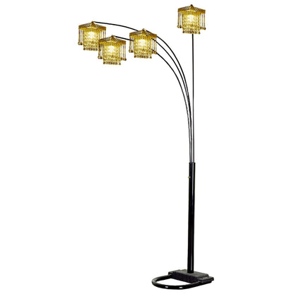Black 4-Light Arc Floor Lamp w/ Clear Crystal Glass Chandelier Shade