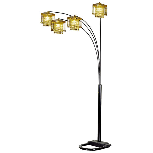 Black 4-Light Arc Floor Lamp w/ Clear Crystal Glass Chandelier Shade