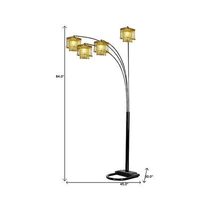 Black 4-Light Arc Floor Lamp w/ Clear Crystal Glass Chandelier Shade