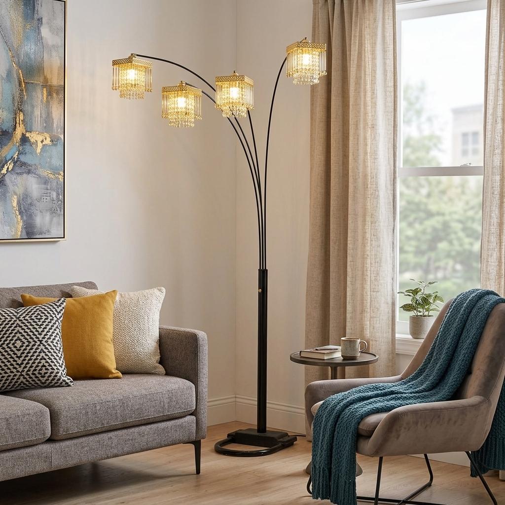 Black 4-Light Arc Floor Lamp w/ Clear Crystal Glass Chandelier Shade