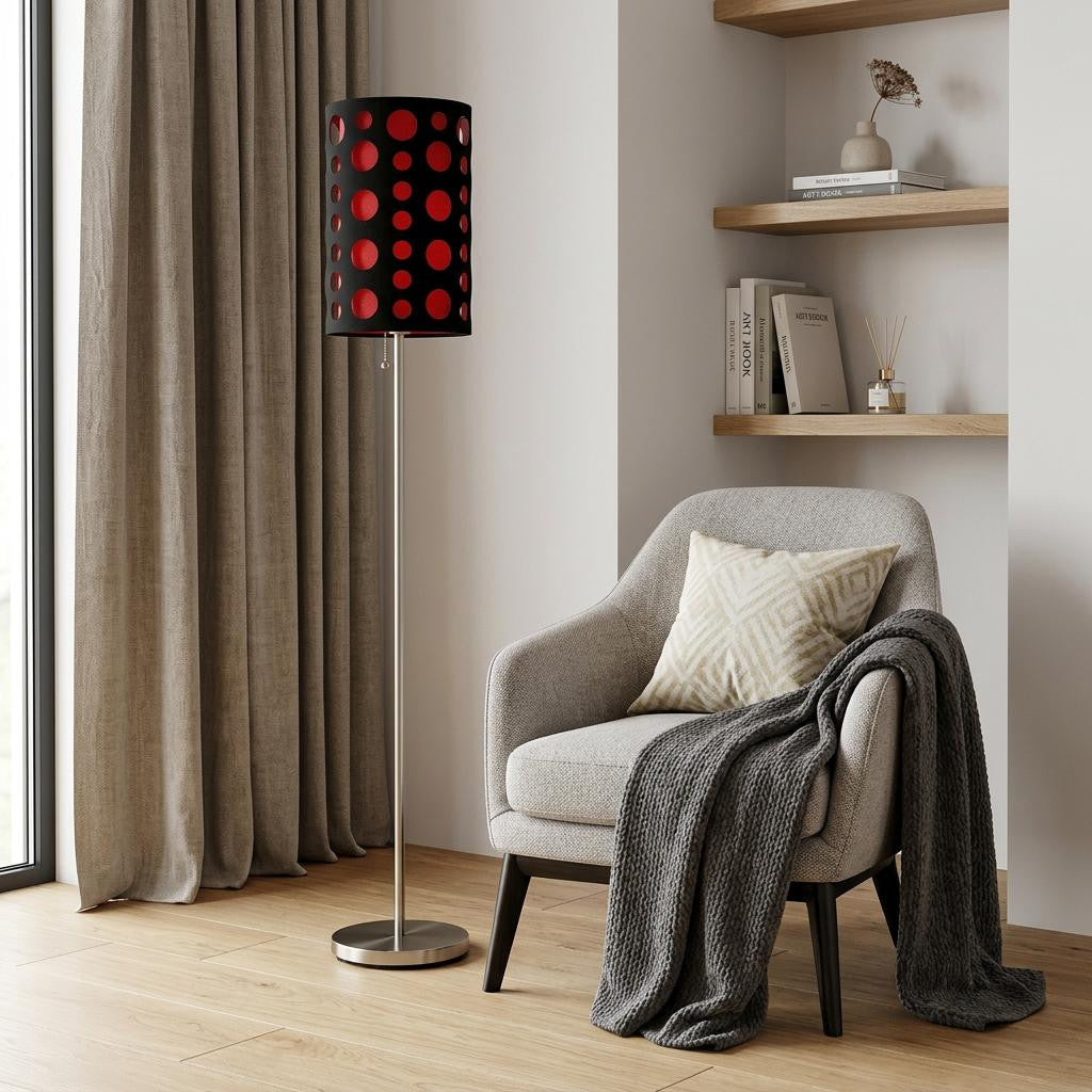 Steel Floor Lamp w/ Black & Red Shade